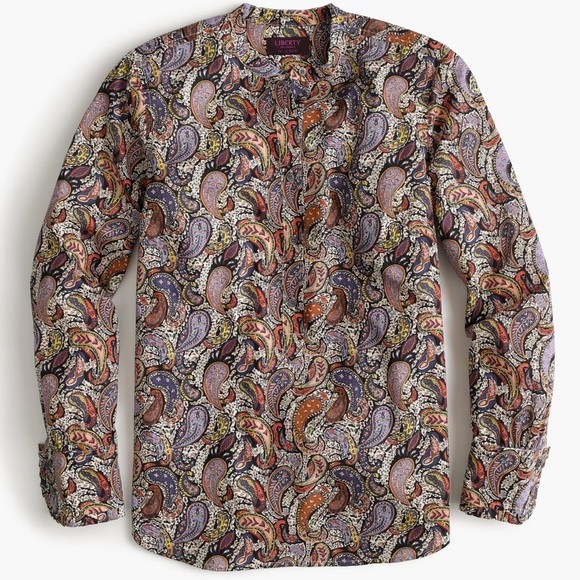 J. Crew Art Fabric Popover Top Paisley Cotton Band Collar Boho button down shirt - Picture 1 of 8